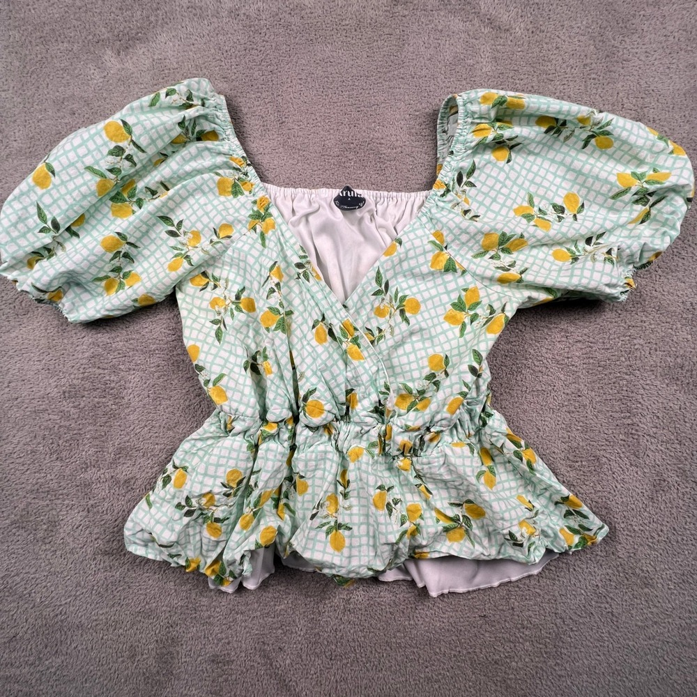 Arula Lemon Print Gingham Top Womens Puff Sleeve Peplum Cottagecore Summer